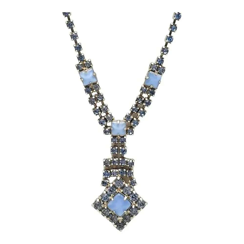 Cat Eye Blue Glass Crystal Rhinestone Statement Necklace Silver Tone Vintage